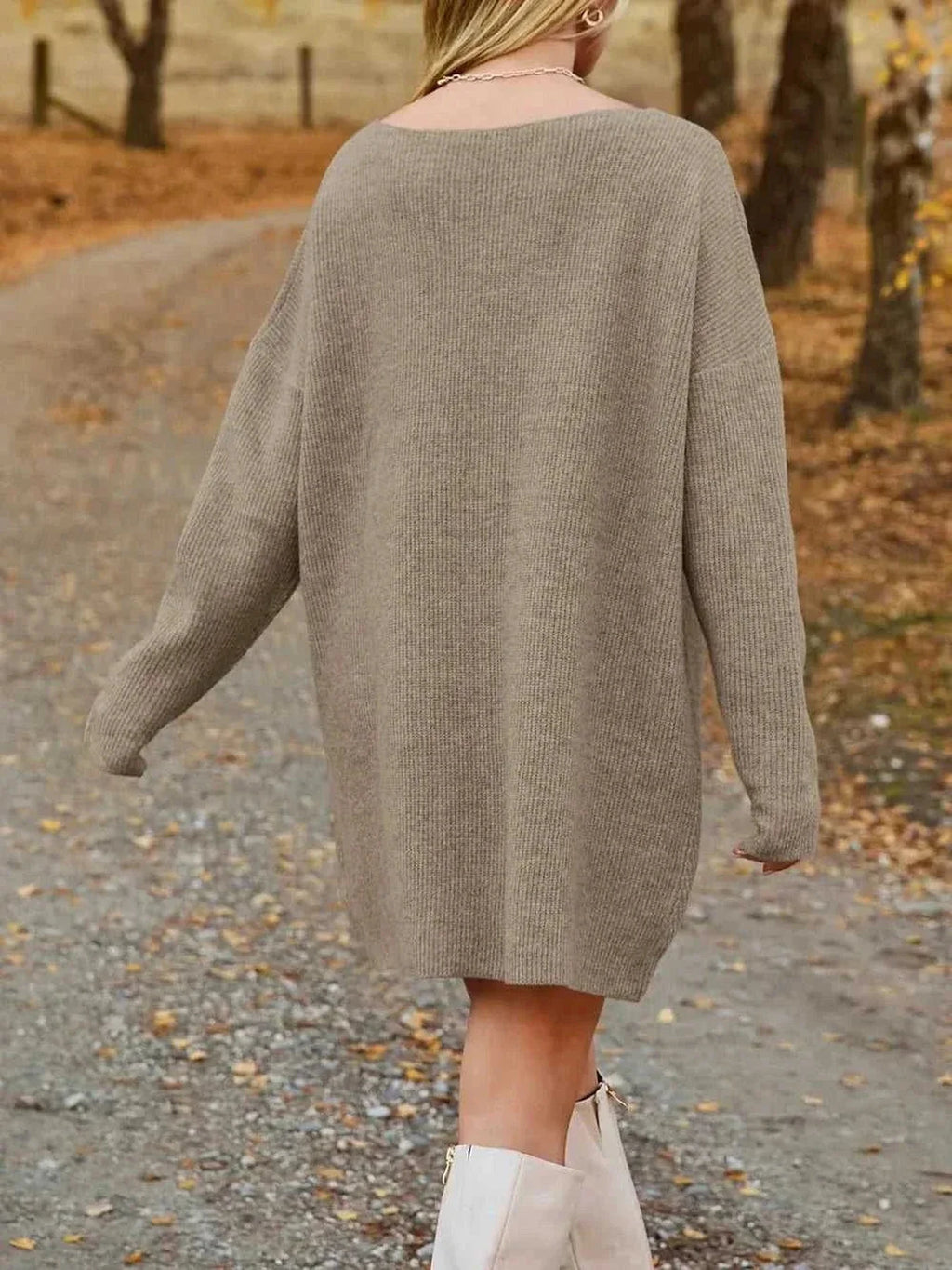 V-Neck Dropped Shoulder Sweater Dress -- 