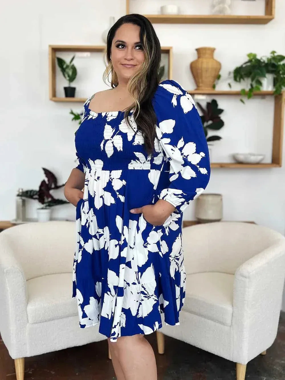 Double Take Full Size Floral Ruffle Hem Smocked Dress with Pockets -- 