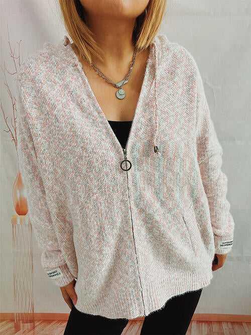 Zip Up Drawstring Long Sleeve Hooded Sweater -- 