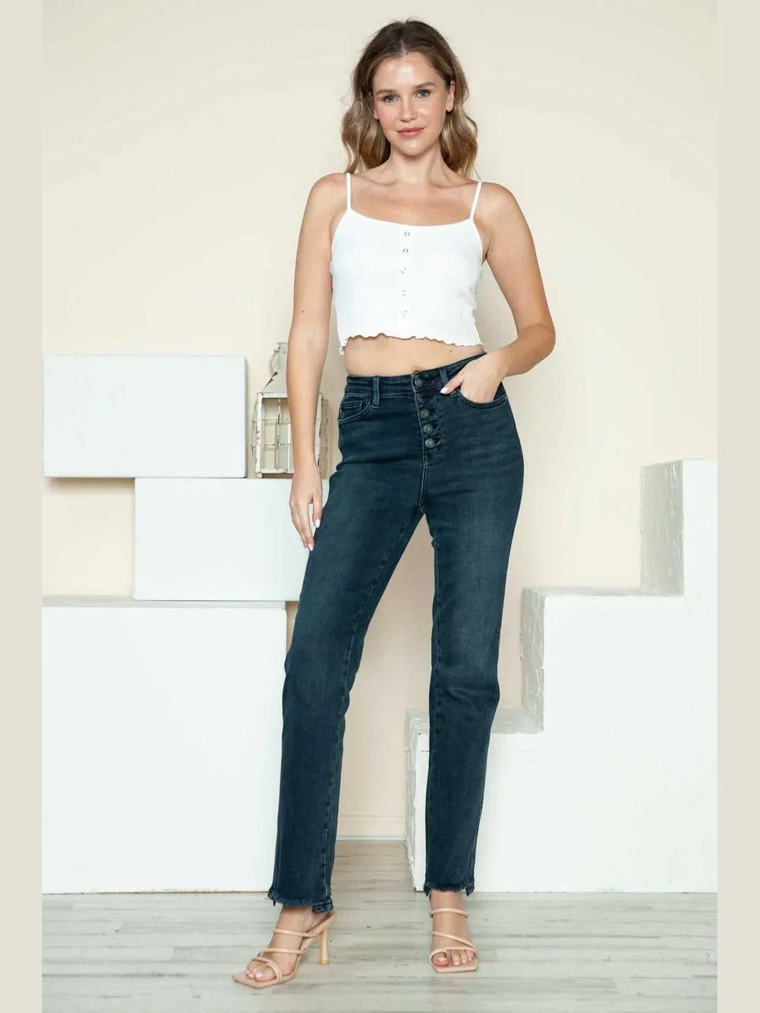 Judy Blue Full Size Button Fly Hem Destroy Straight Jeans -- 