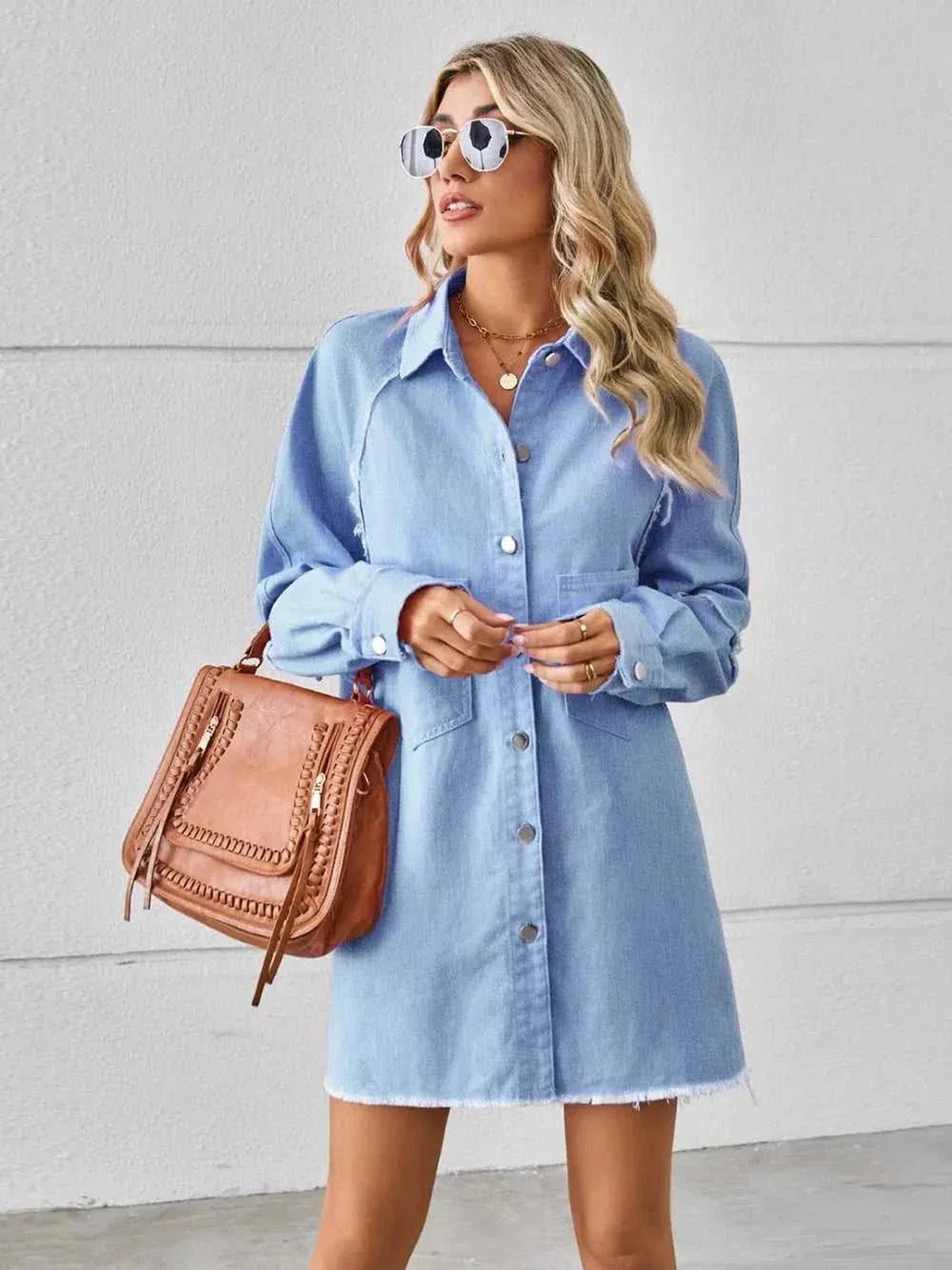 Raw Hem Button Up Denim Dress -- 
