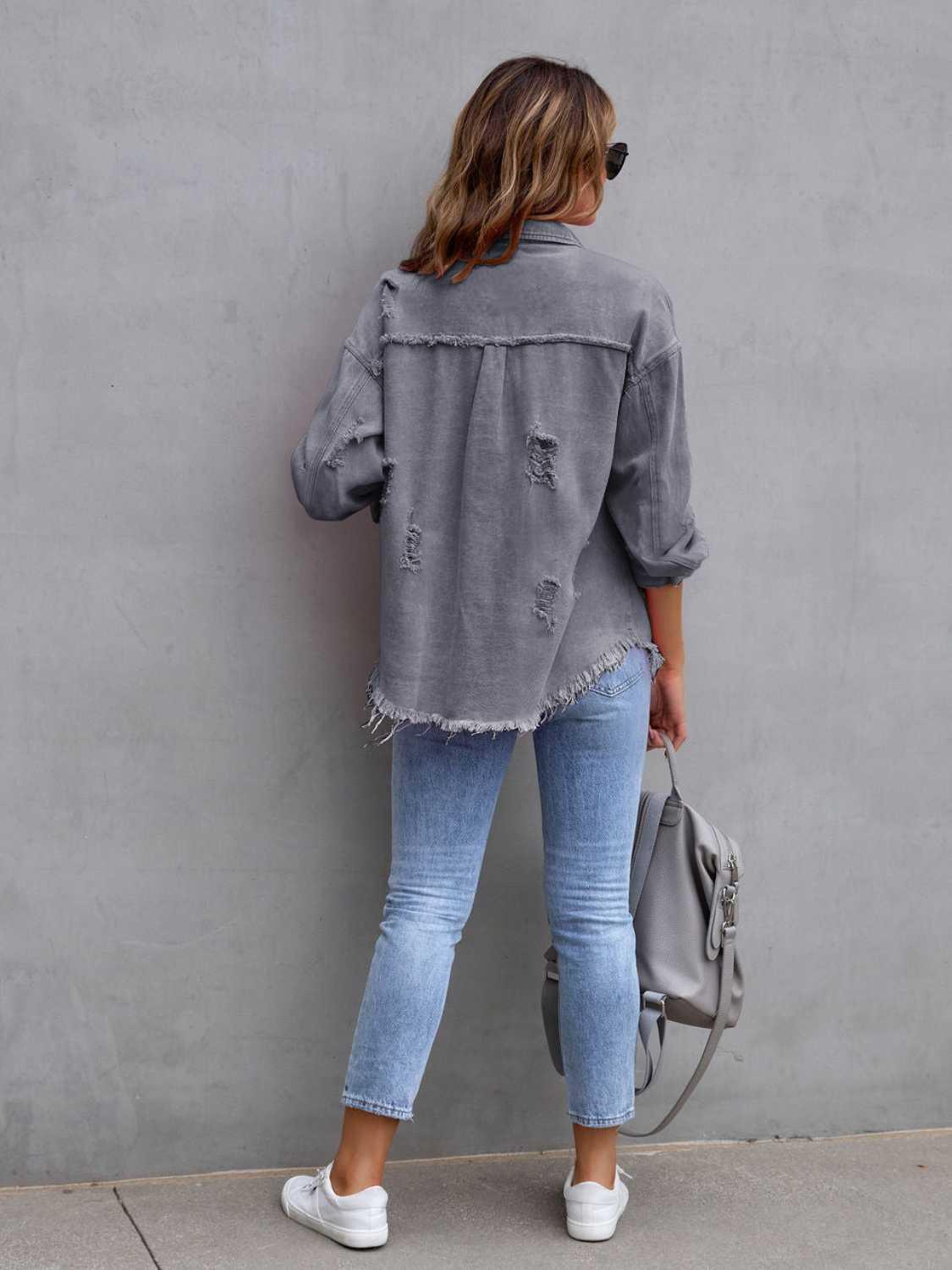 Distressed Drop Shoulder Denim Jacket -- 