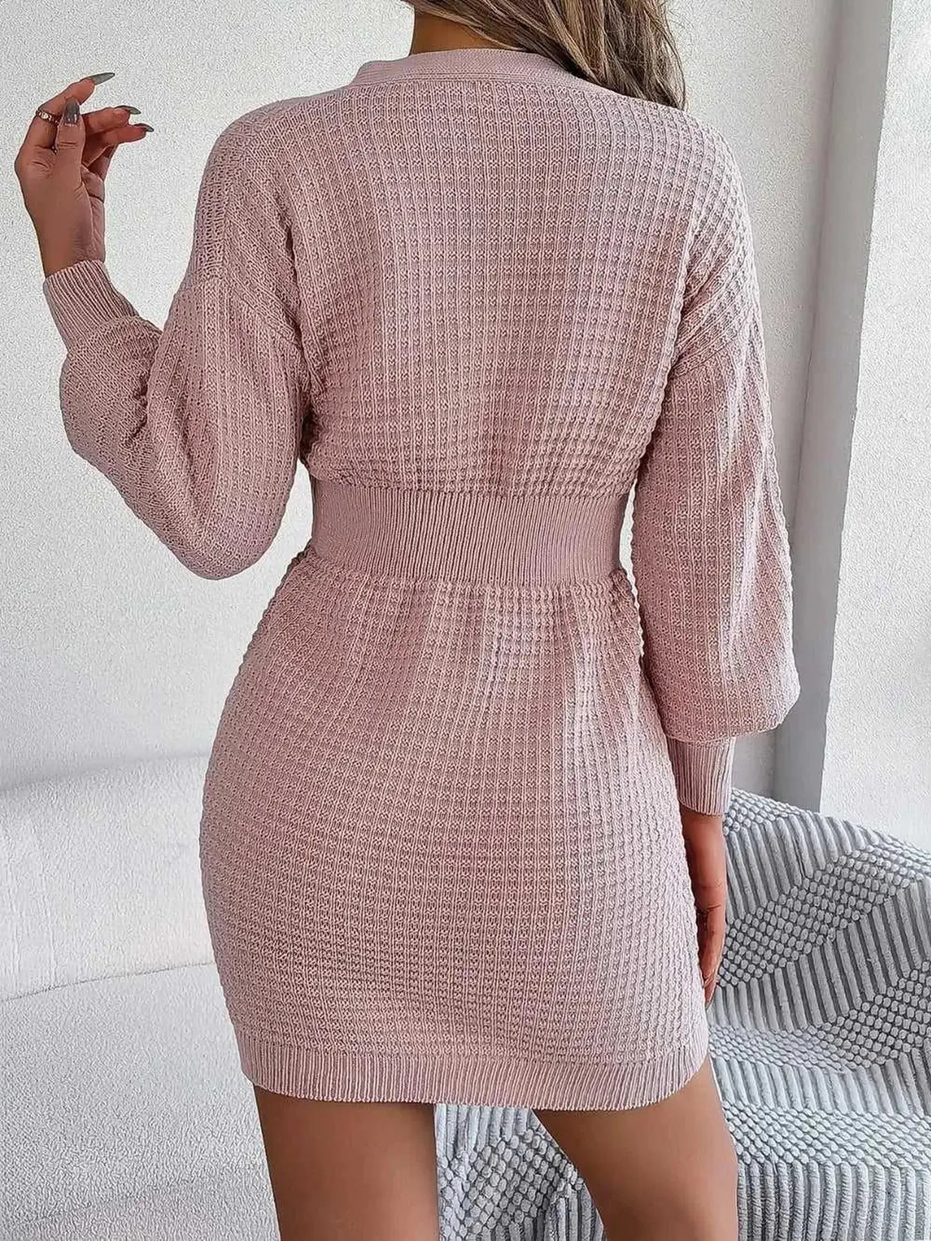 Buttoned Cable-Knit V-Neck Sweater Dress -- 