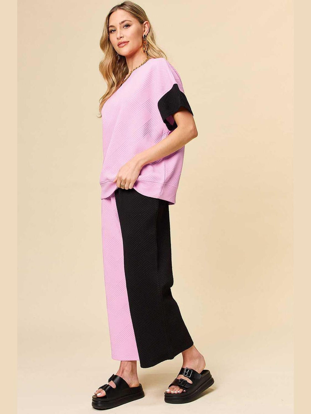 Double Take Full Size Texture Contrast T-Shirt and Wide Leg Pants Set -- 