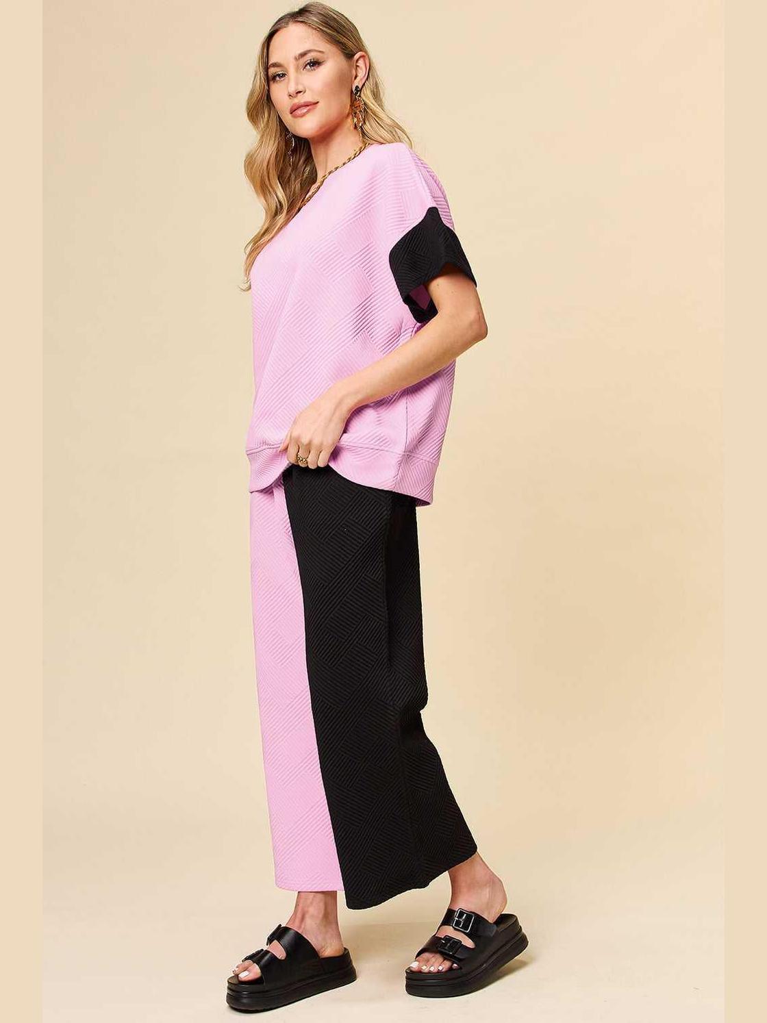 Double Take Full Size Texture Contrast T-Shirt and Wide Leg Pants Set -- 