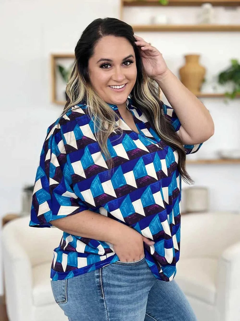 Double Take Full Size Geometric Notched Half Sleeve Blouse -- 