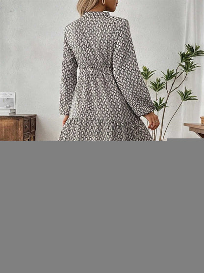 Tiered Printed Notched Long Sleeve Dress