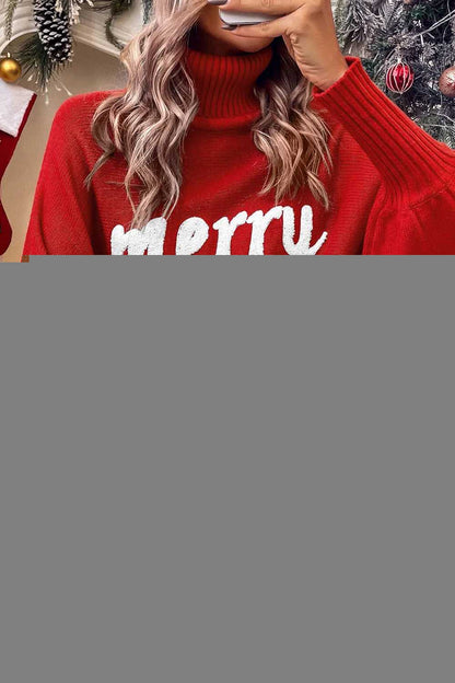 Double Take Full Size Merry Christmas Turtleneck Long Sleeve Sweater