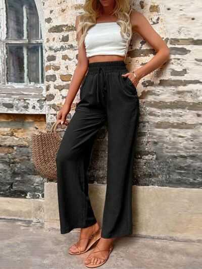 Tied High Waist Wide Leg Pants with Pockets -- 