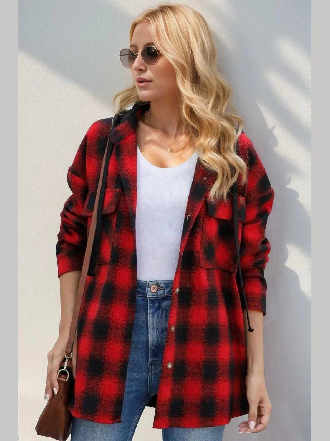 Double Take Drawstring Plaid Long Sleeve Hooded Shacket -- 