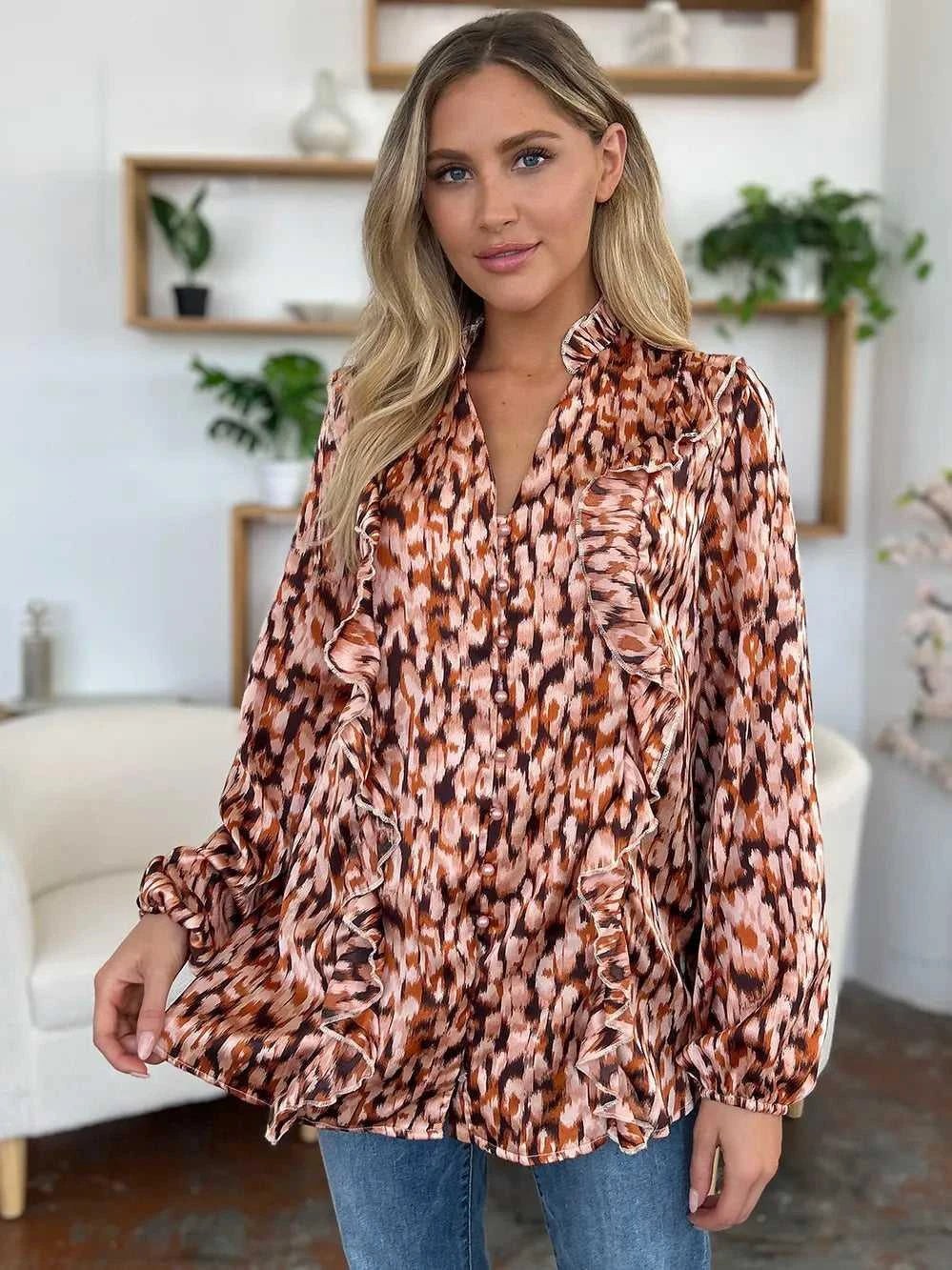 Double Take Full Size Printed Ruffle Trim Balloon Sleeve Shirt -- 