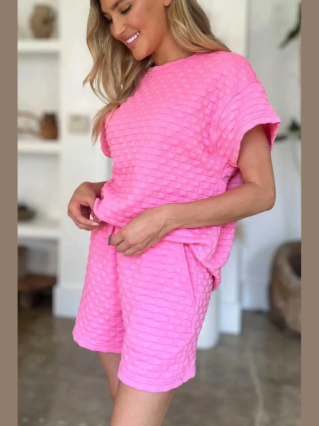 Double Take Full Size Texture T-Shirt and Shorts Set -- 