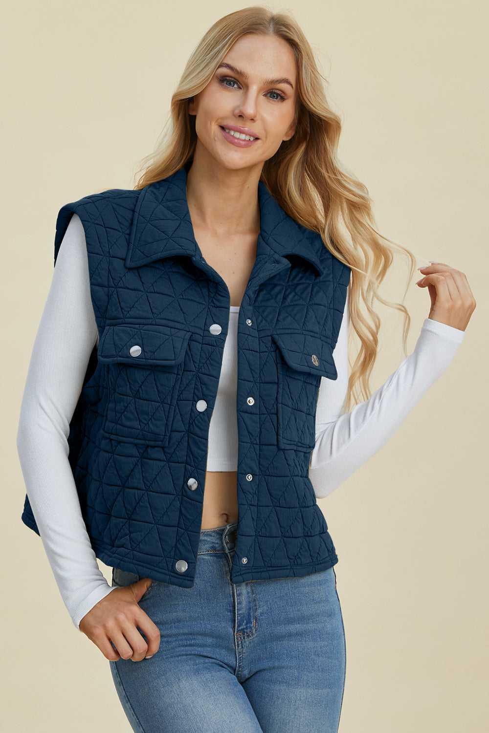 Double Take Full Size Pocketed Texture Snap Down Vest Coat -- 