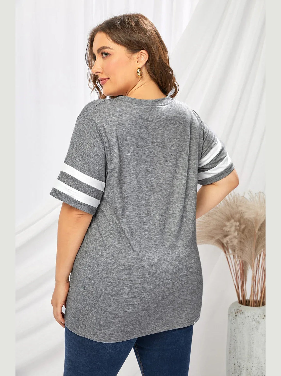 Plus Size Striped V-Neck Tee Shirt -- 