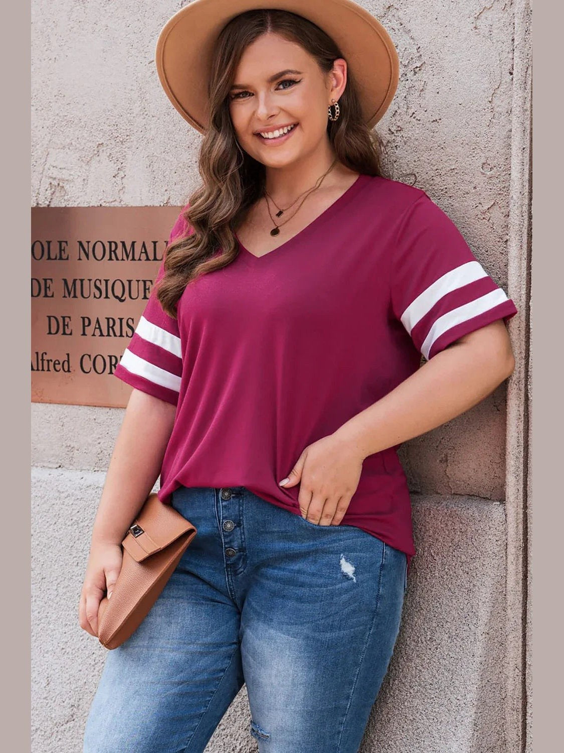 Plus Size Striped V-Neck Tee Shirt -- 