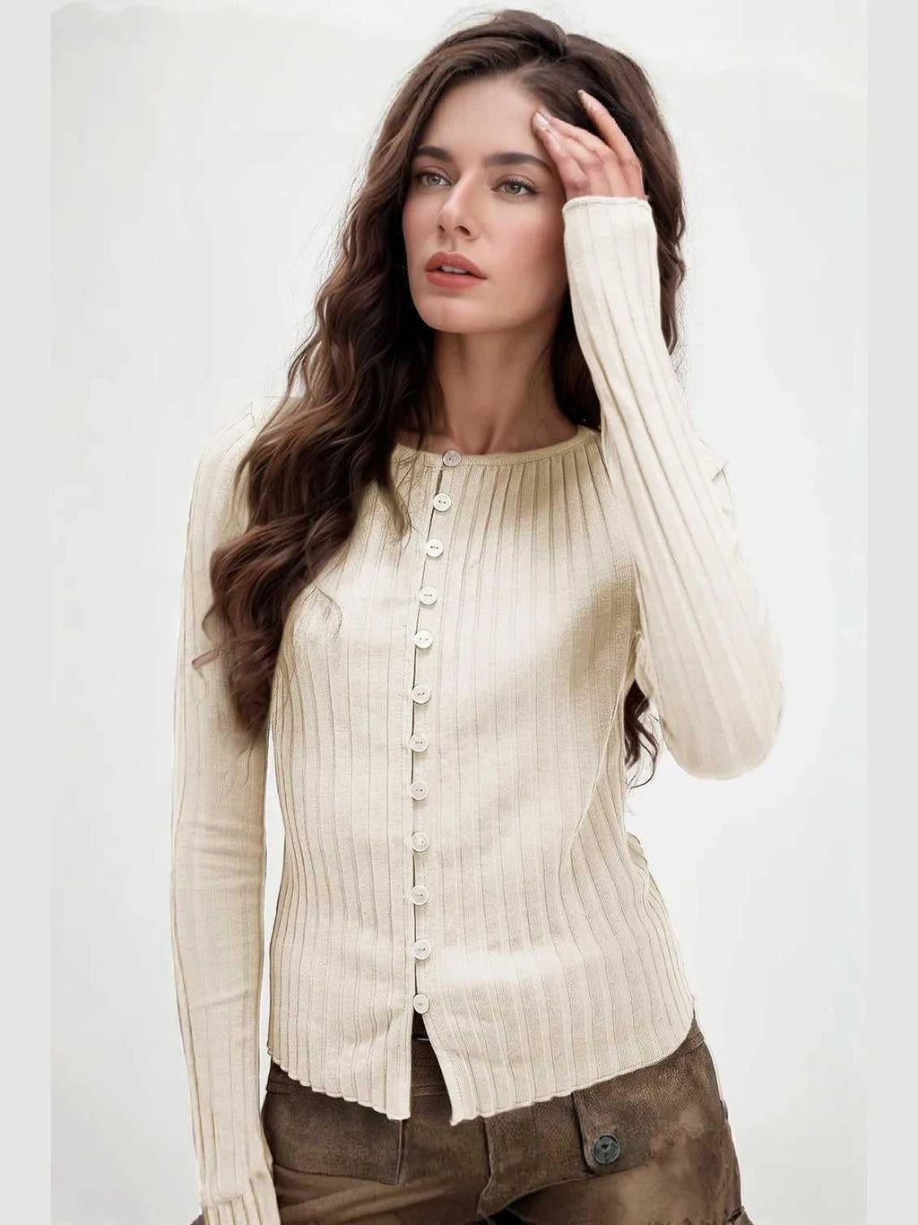 Basic Bae Texture Button Up Round Neck Long Sleeve Top -- 