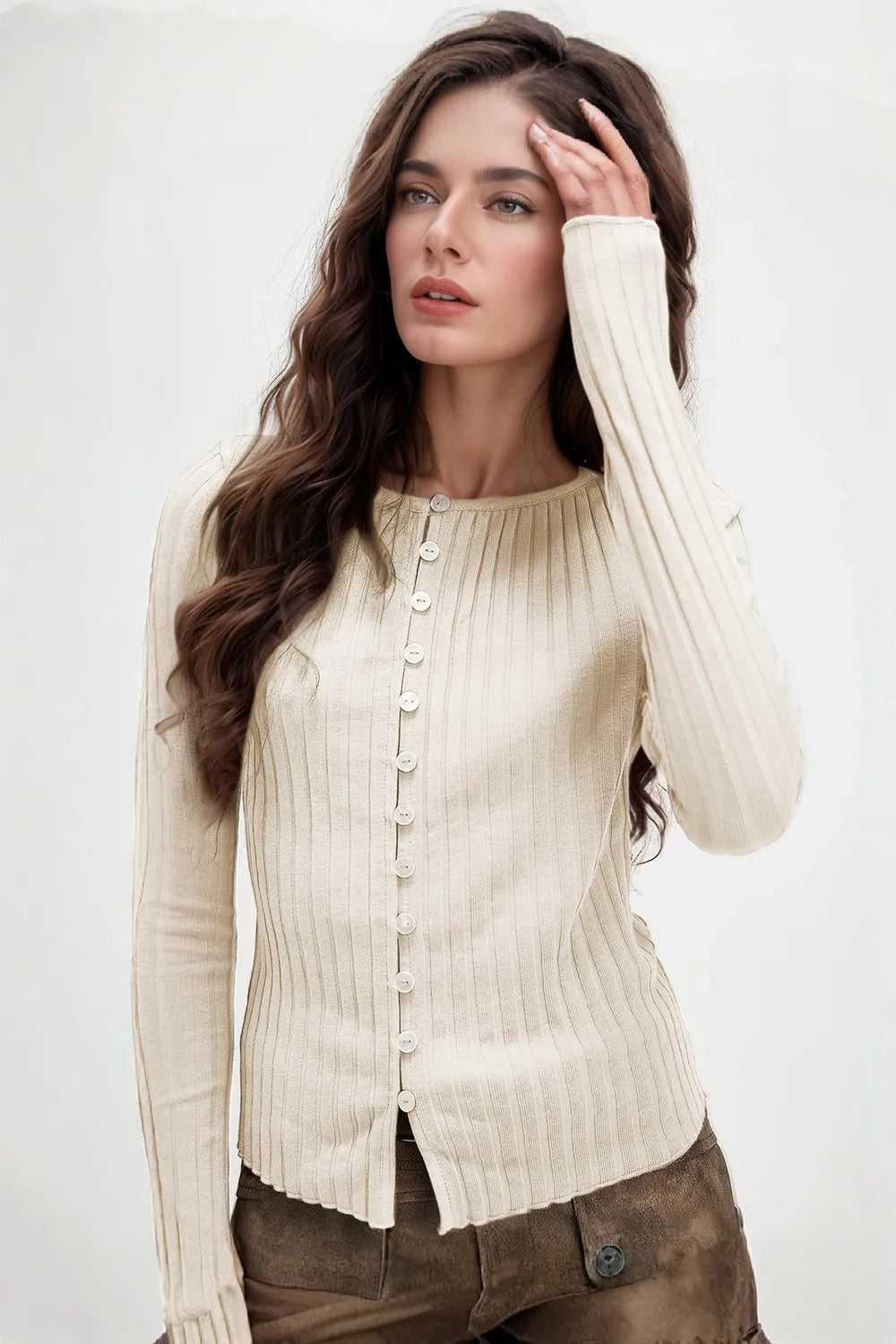 Basic Bae Texture Button Up Round Neck Long Sleeve Top -- 