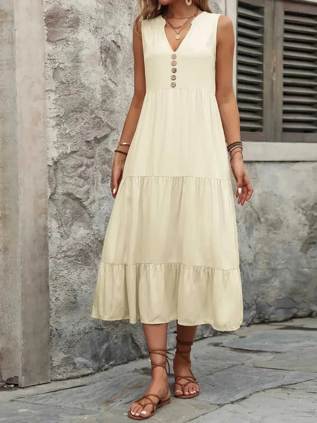 Ivy Lane Decorative Button Notched Sleeveless Dress -- 