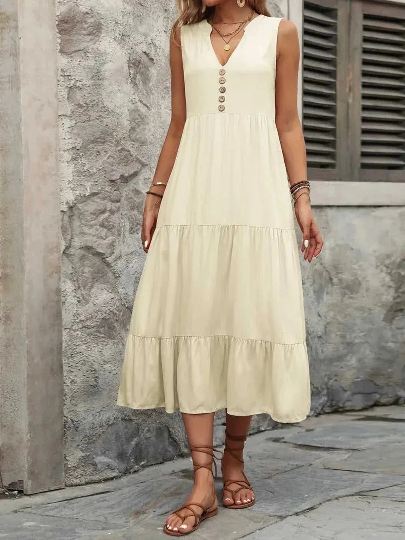 Ivy Lane Decorative Button Notched Sleeveless Dress -- 