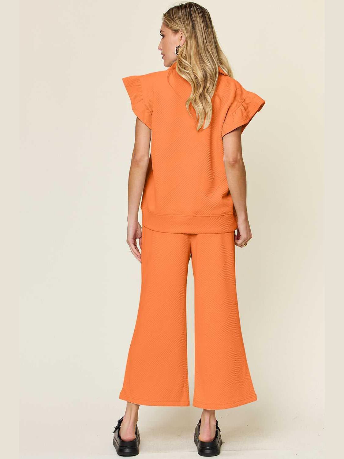 Ruffle Short Sleeve Top and Drawstring Wide Leg Pants Set -- 