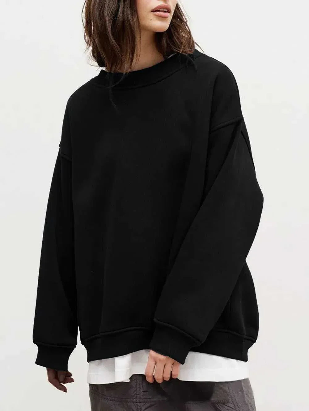 Round Neck Dropped Shoulder Long Sleeve Sweatshirt -- 