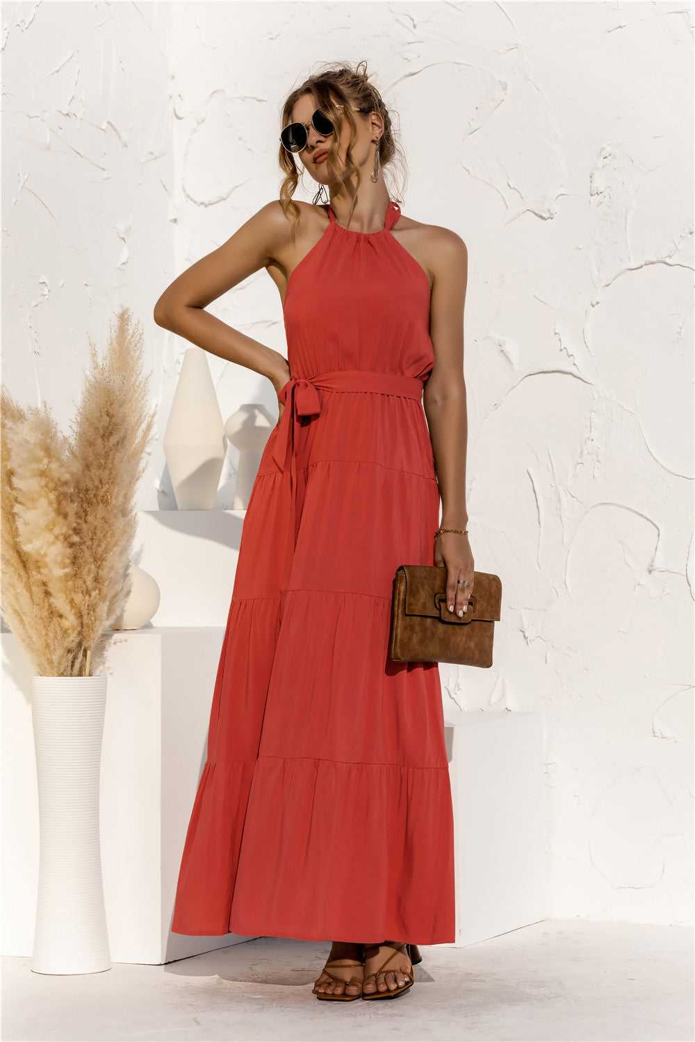 Halter Neck Tie Waist Tiered Maxi Dress - product_type from hopeford-streams.myshopify.com