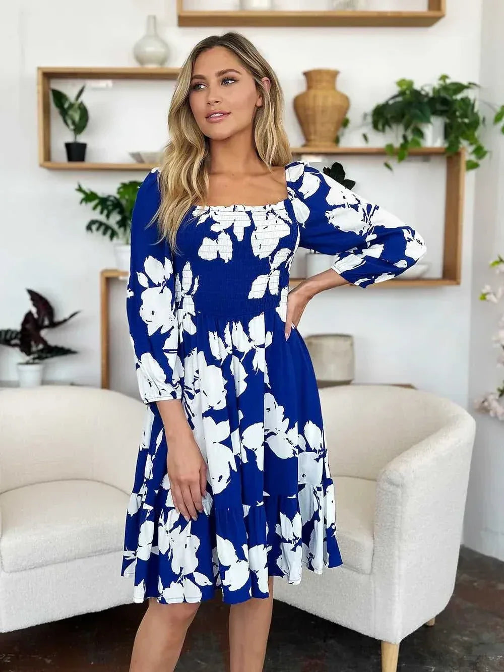 Double Take Full Size Floral Ruffle Hem Smocked Dress with Pockets -- 