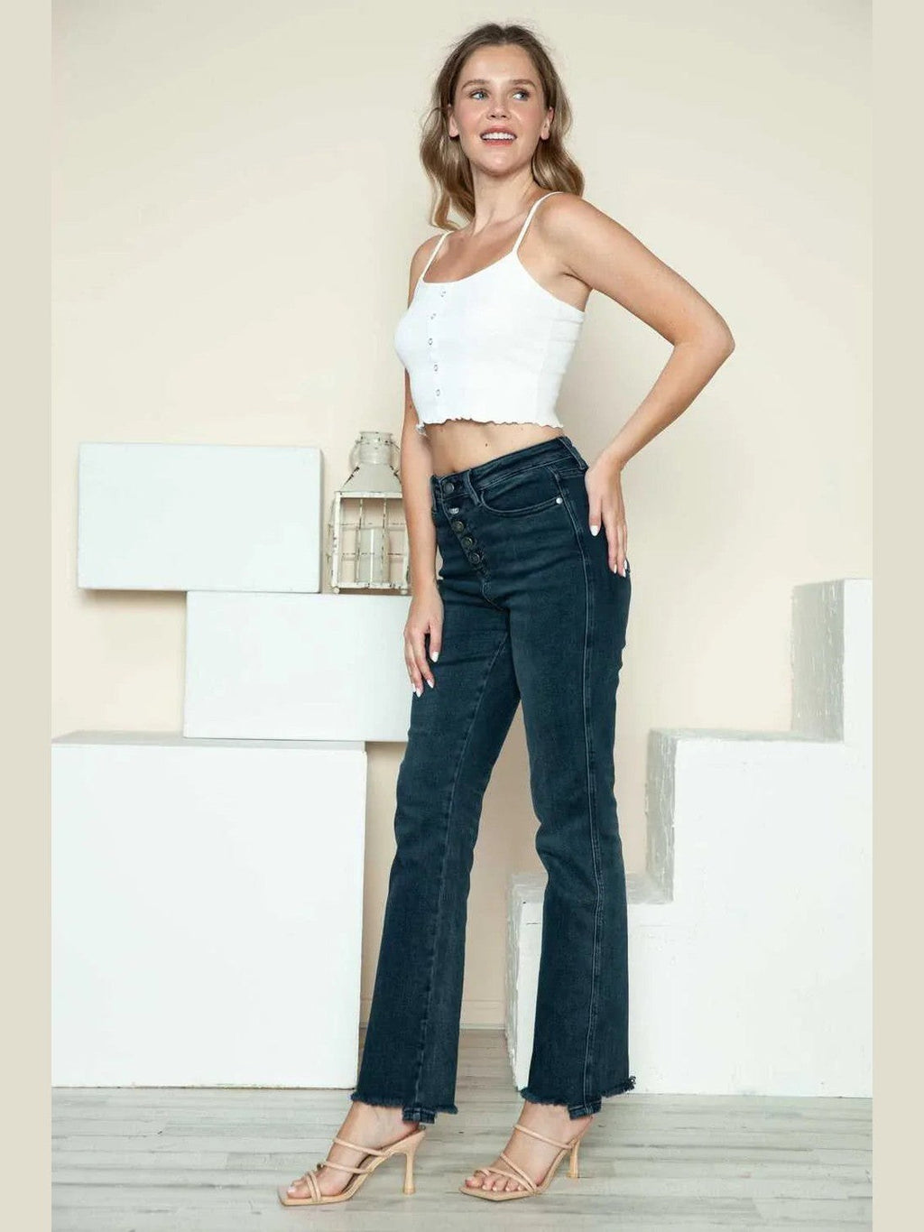 Judy Blue Full Size Button Fly Hem Destroy Straight Jeans -- 