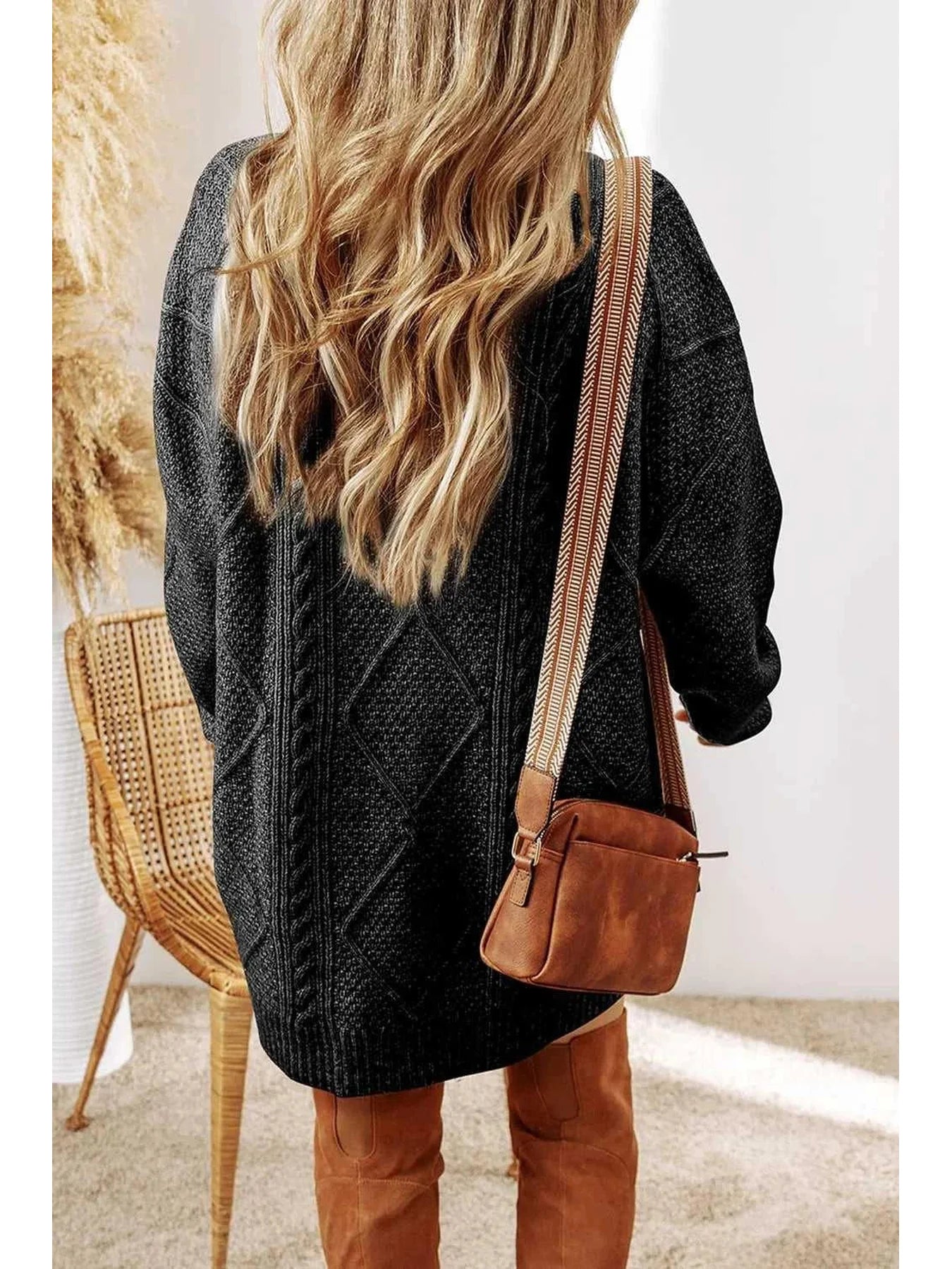 Cable-Knit Round Neck Sweater Dress -- 