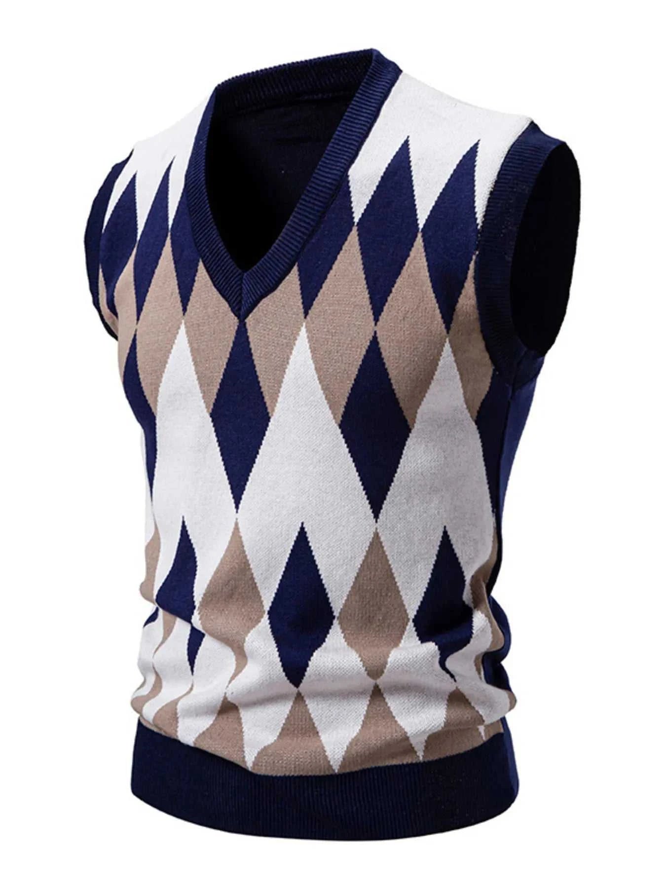 Men's Plus Size Diamond Pattern V-Neck Sweater Vest