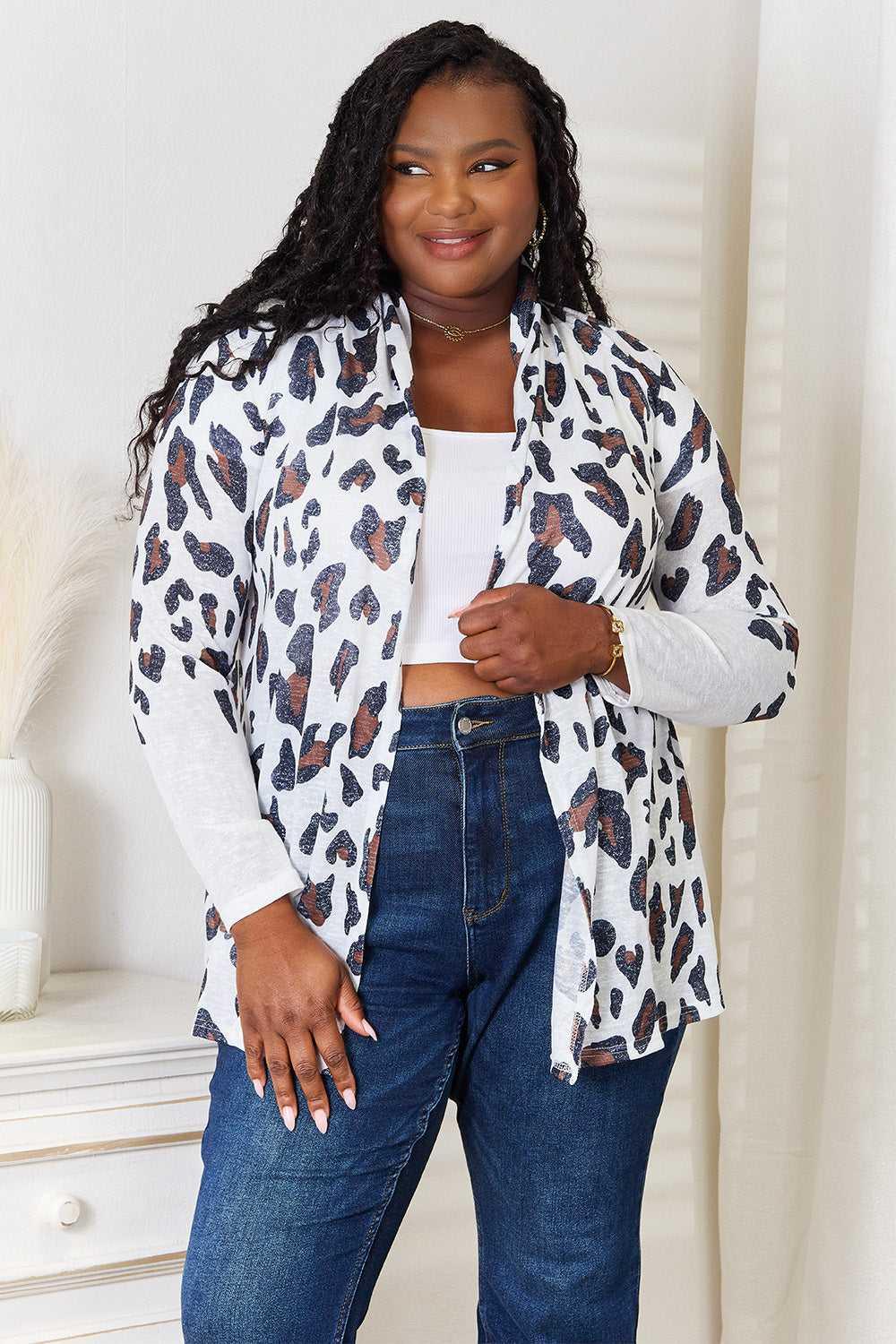 Double Take Leopard Long Sleeve Cardigan -- 