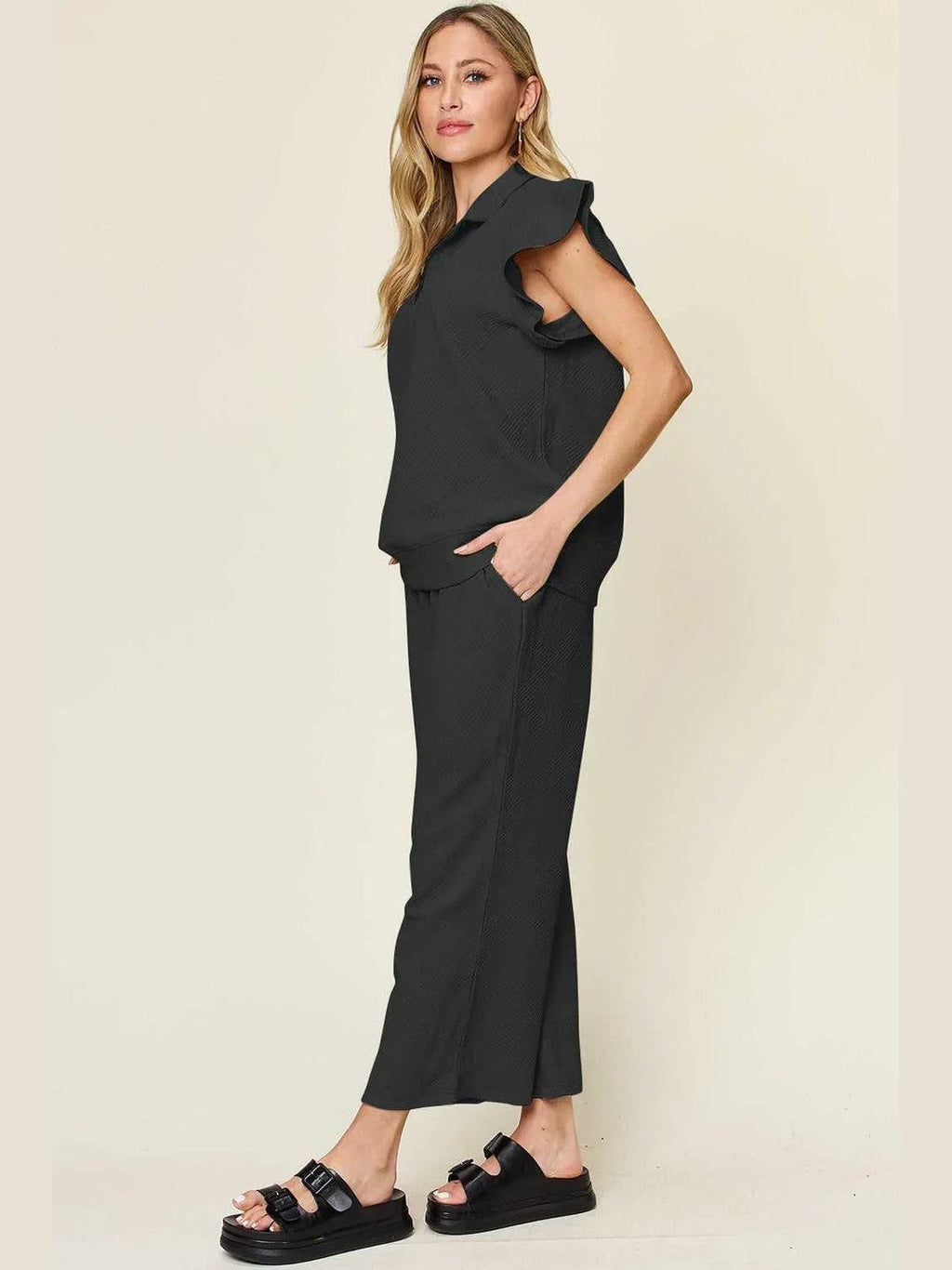 Ruffle Short Sleeve Top and Drawstring Wide Leg Pants Set -- 