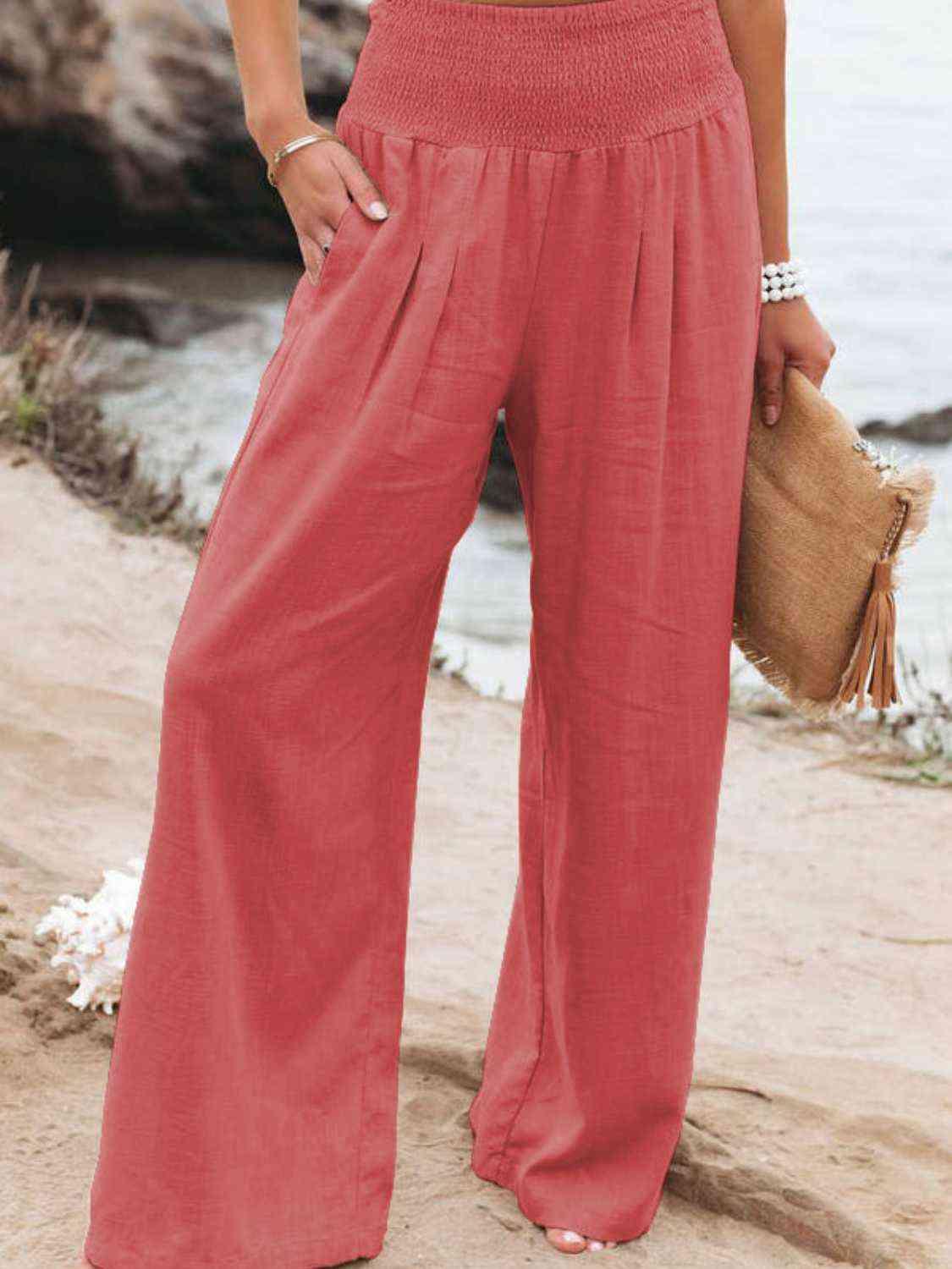 Full Size Smocked Waist Wide Leg Pants -- 