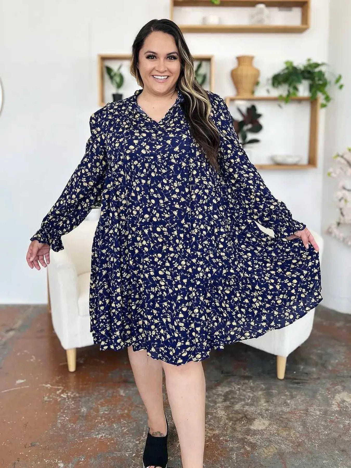 Double Take Full Size Printed Ruffle Hem Long Sleeve Tiered Dress -- 
