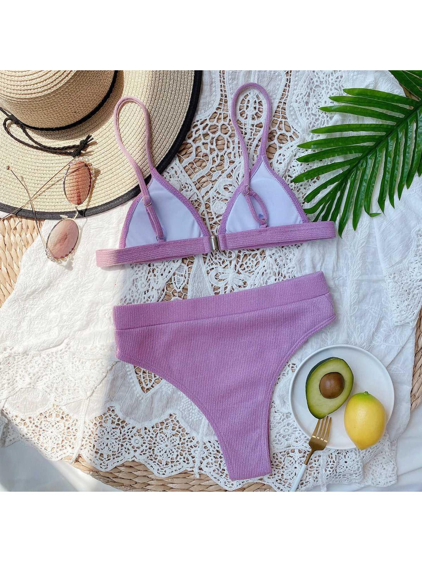 Spaghetti Strap Ribbed Bikini Set -- 