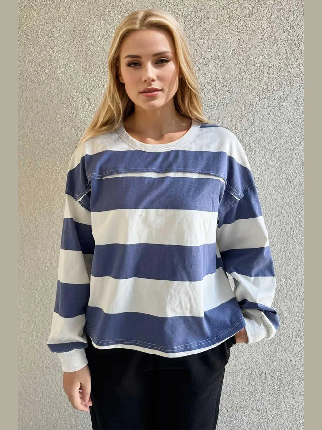 Oh Pima Cotton Wash Exposed Seam Contrast Striped Round Neck Long Sleeve T-Shirt -- 
