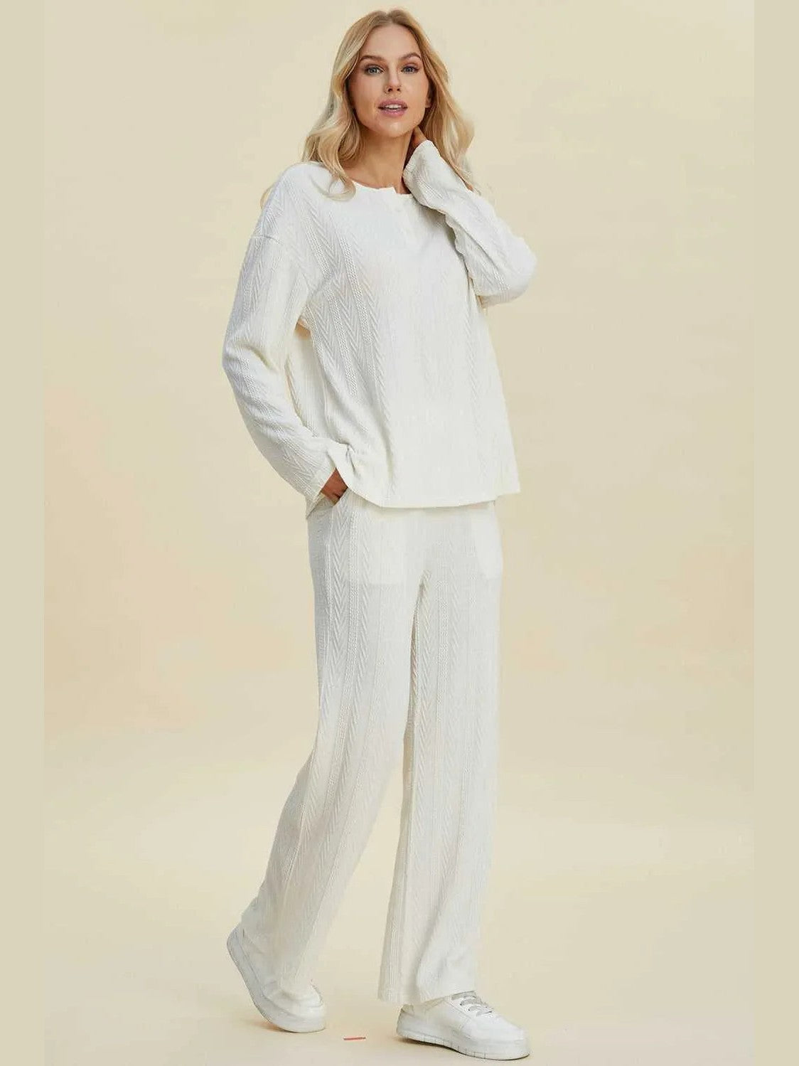 Double Take Full Size Cable-Knit Long Sleeve Top and Pants Set -- 