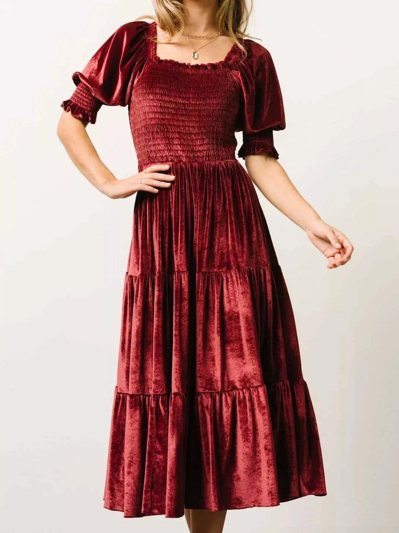 Velvet Smocked Tiered Midi Dress -- 