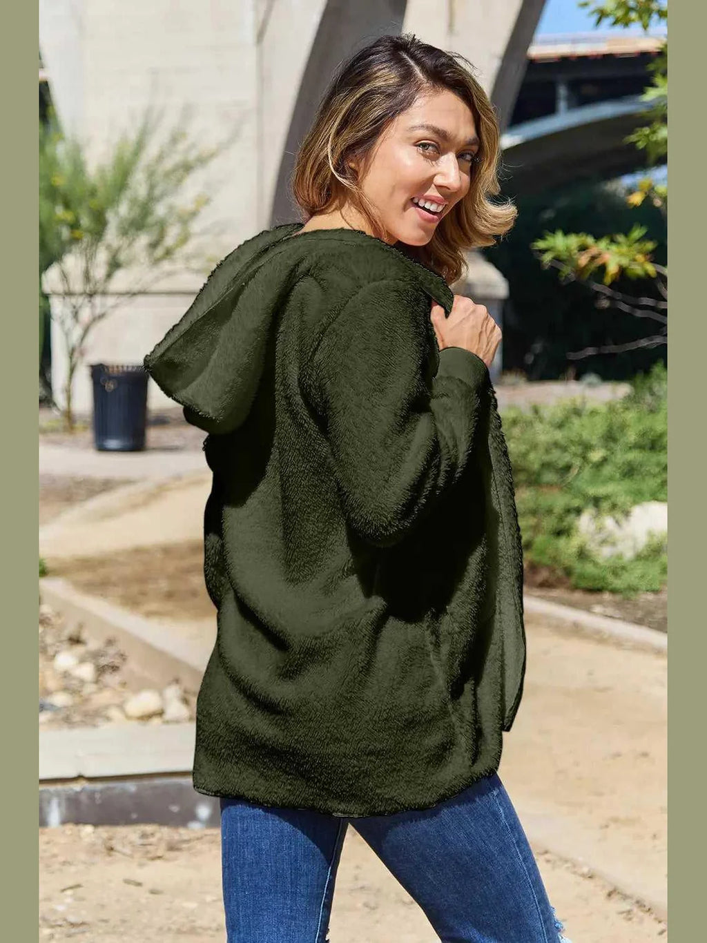 Full Size Teddy Hooded Jacket with Pockets -- 