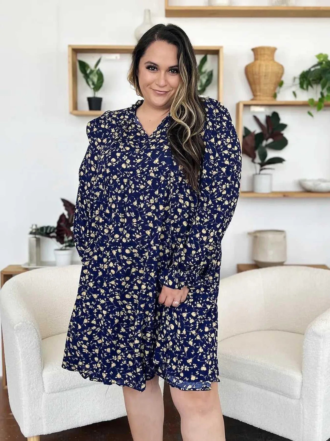 Double Take Full Size Printed Ruffle Hem Long Sleeve Tiered Dress -- 