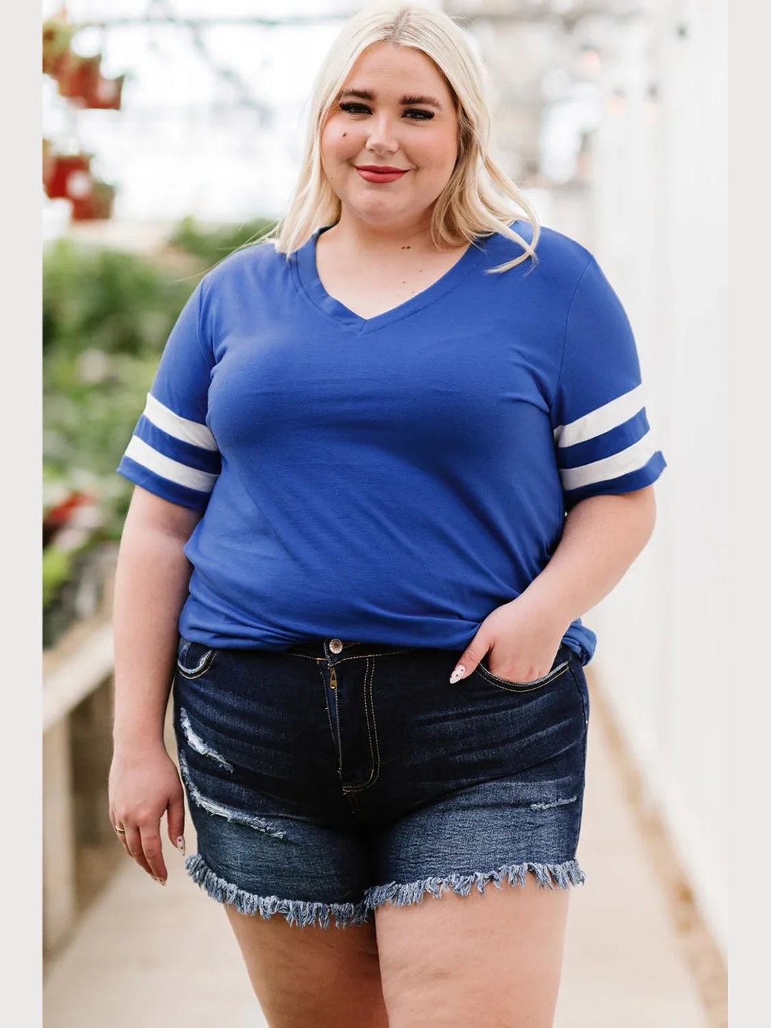 Plus Size Striped V-Neck Tee Shirt -- 