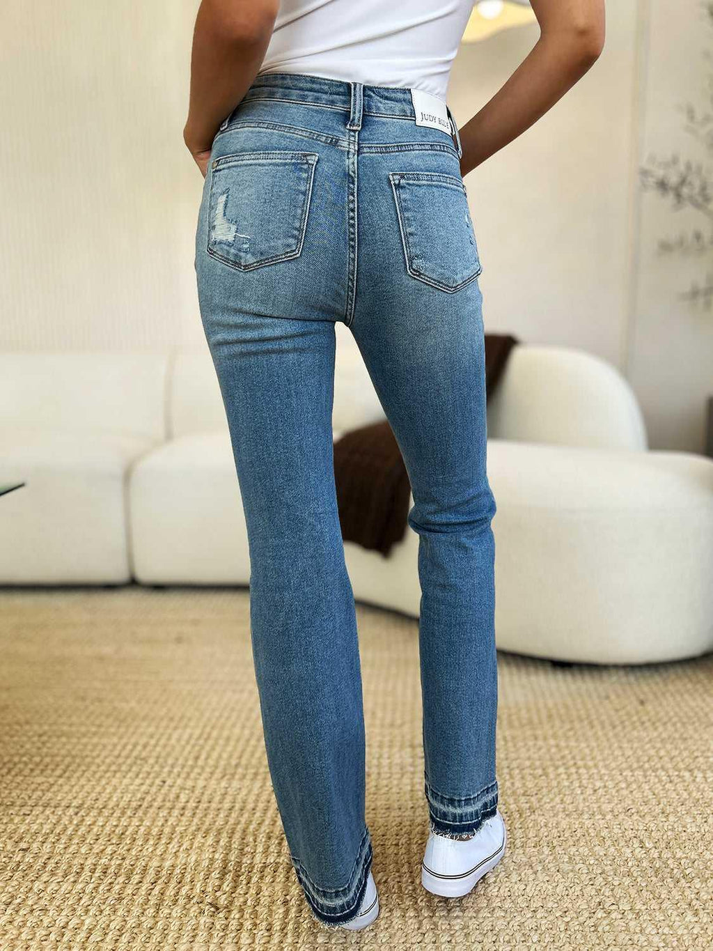 Judy Blue Full Size Mid Rise Destroyed Hem Distressed Jeans -- 