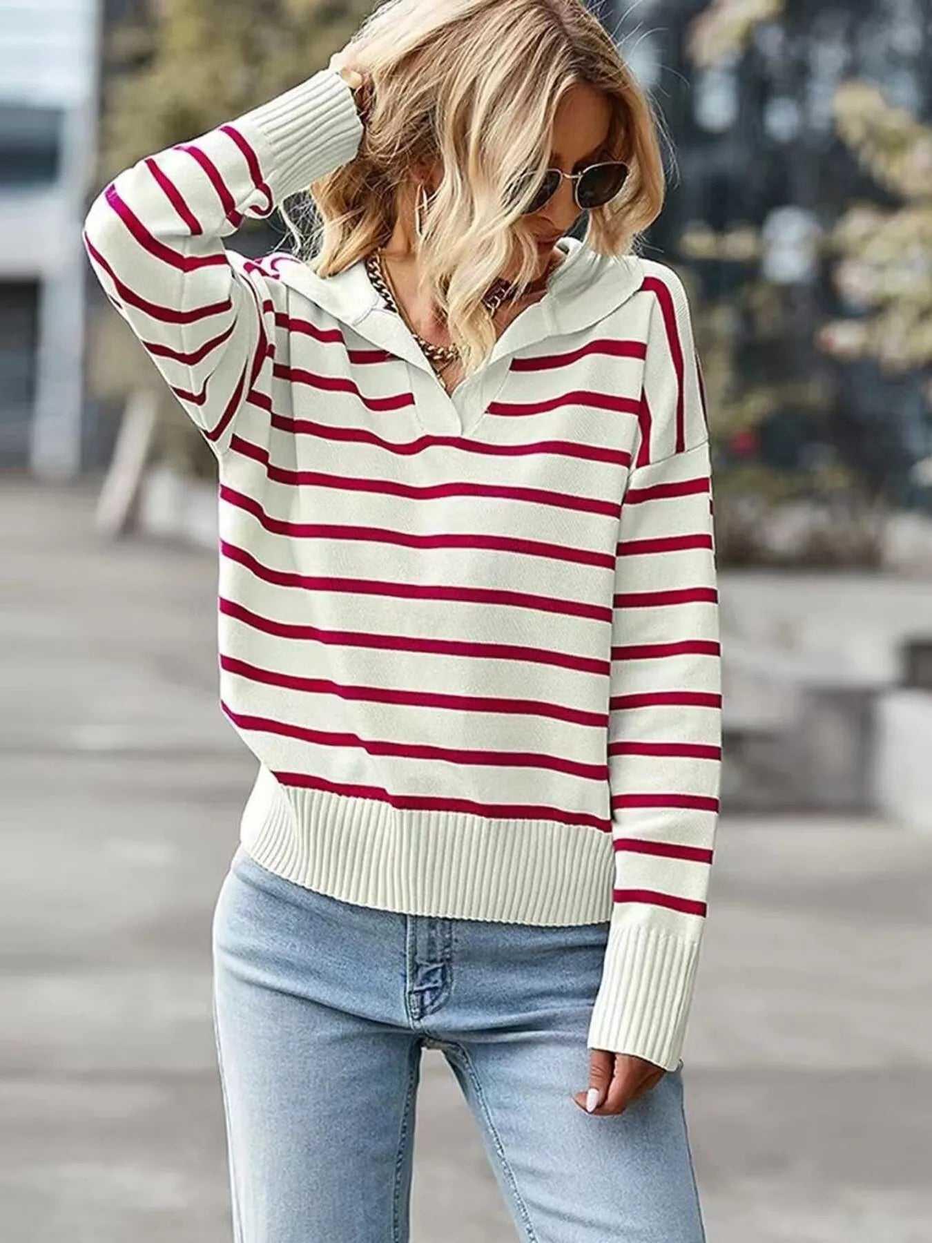 Ribbed Hem Long Sleeve Striped Sweater -- 