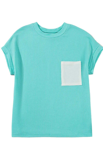 Corded Knit Color Block Pocketed Crew Neck T Shirt