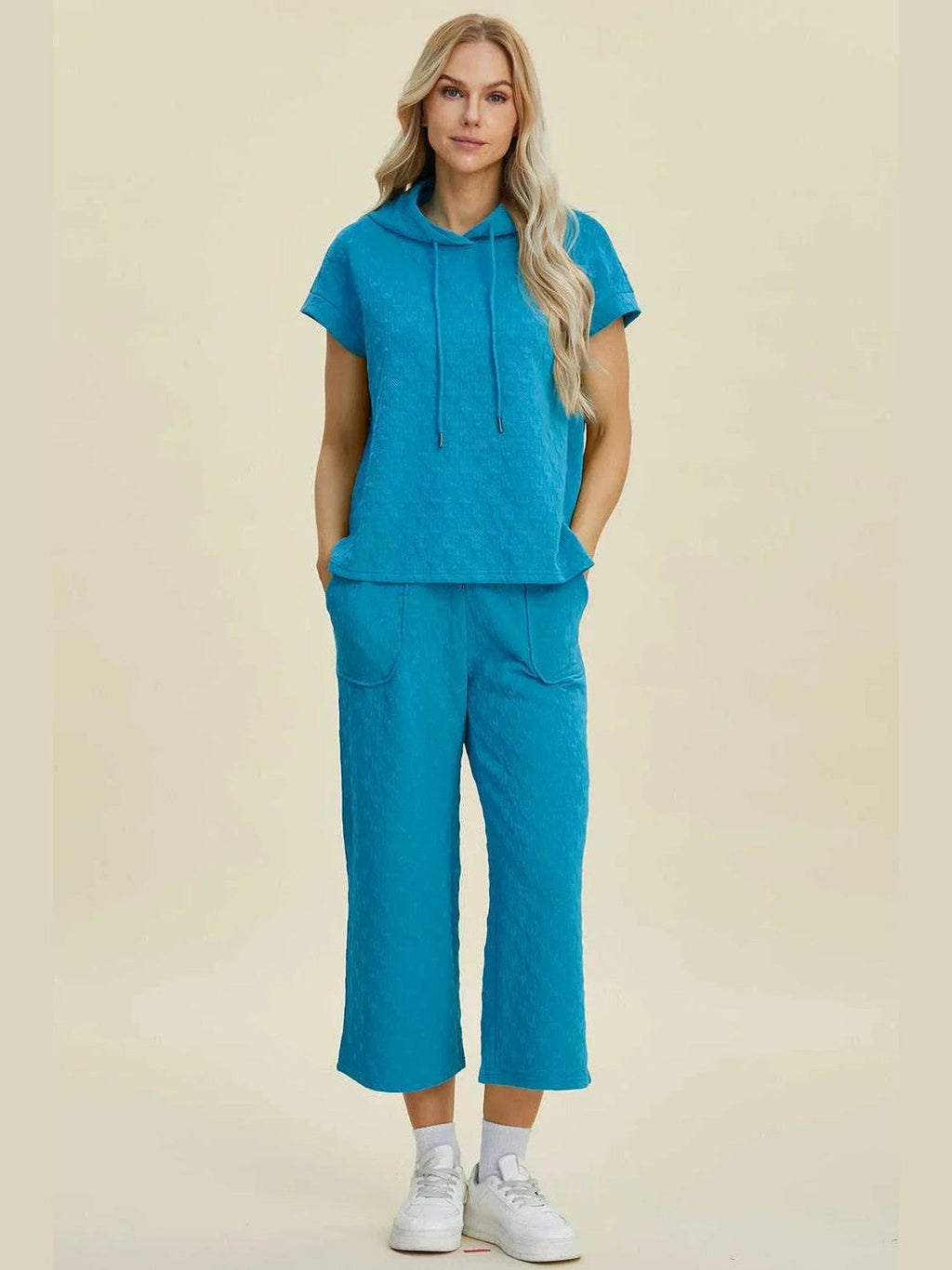 Double Take Full Size Texture Drawstring Short Sleeve Hoodie and Pocketed Pants Set -- 