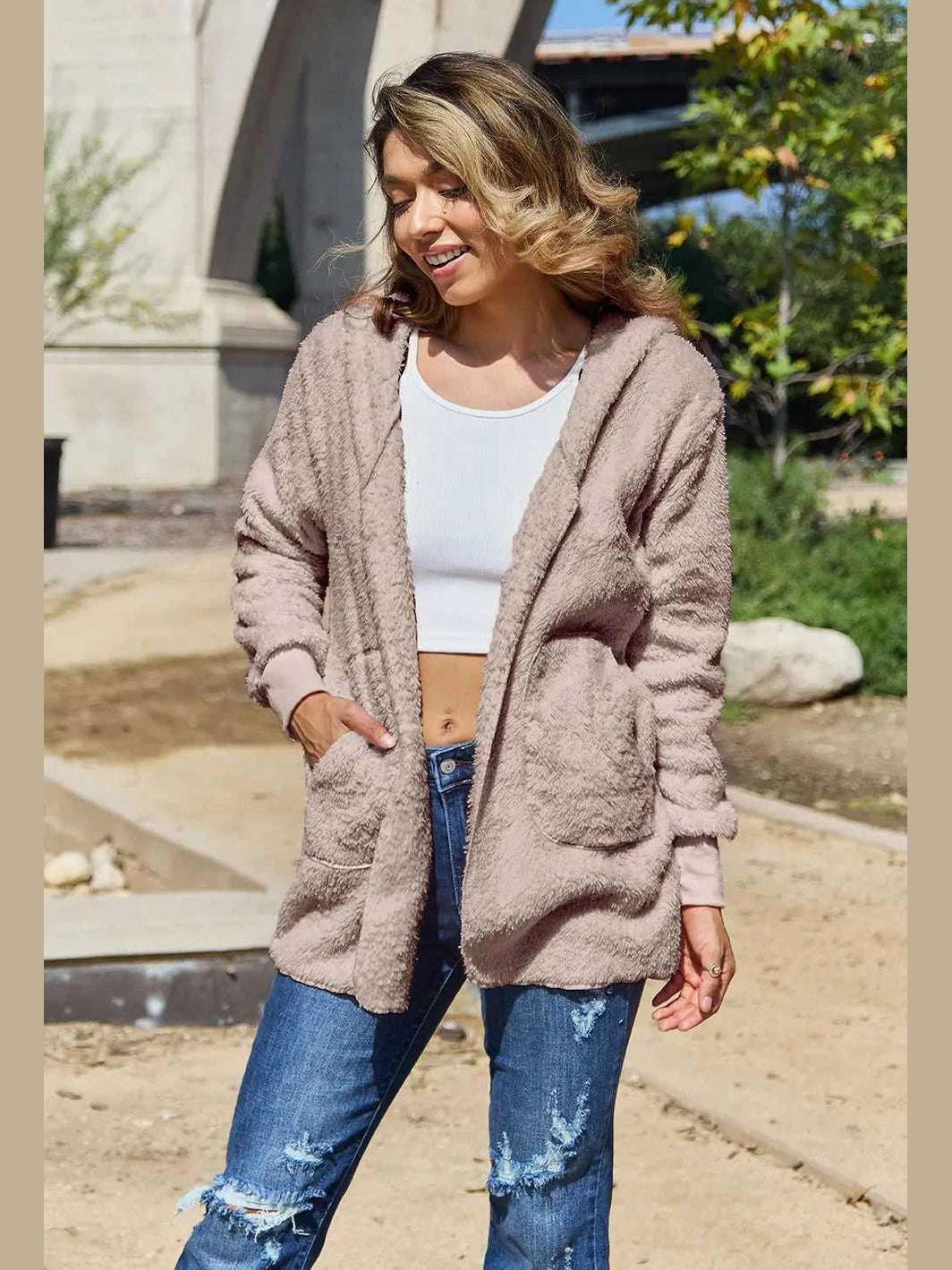 Full Size Teddy Hooded Jacket with Pockets -- 