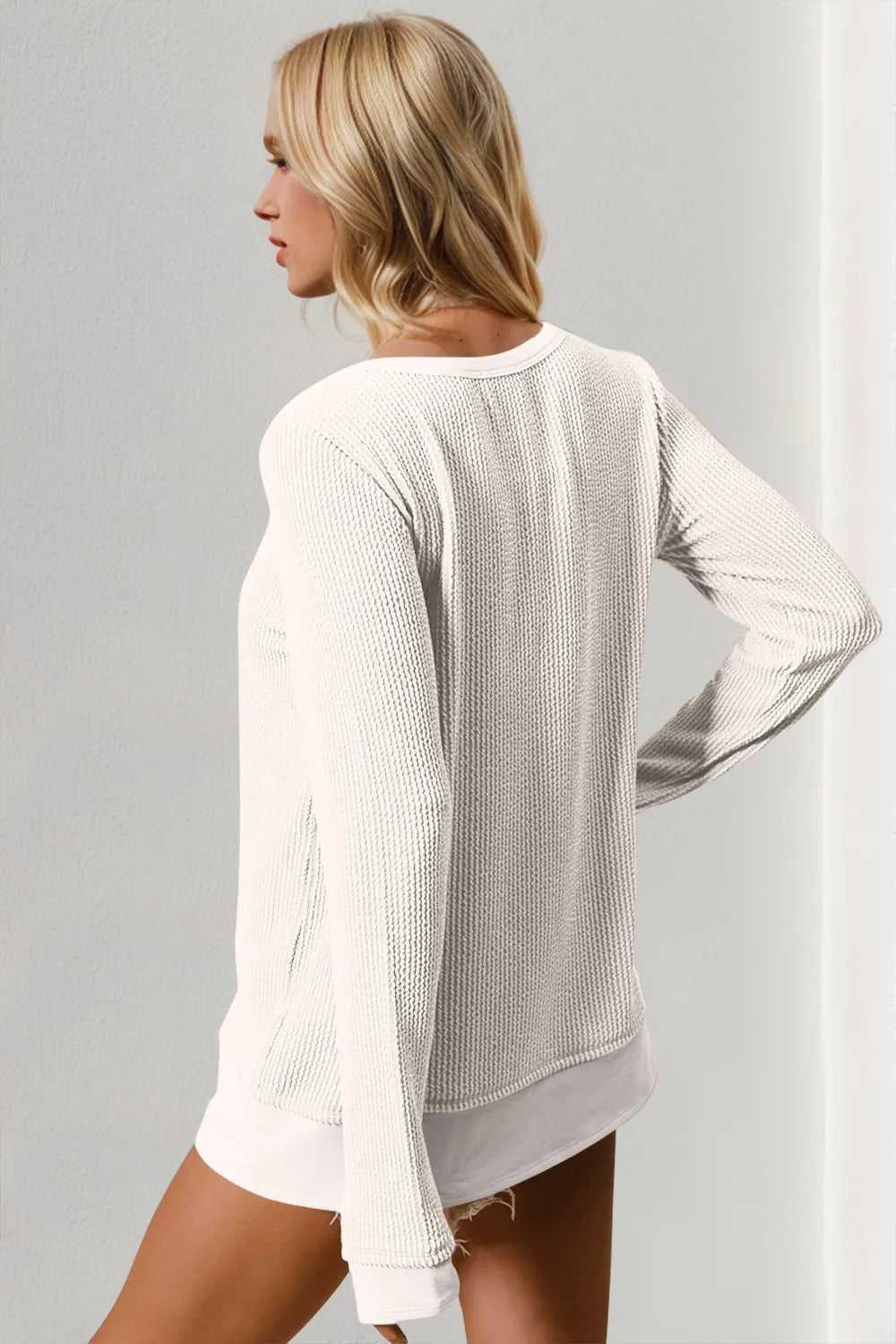 Double Take Corded Rib Thumbhole Cuff Round Neck T-Shirt -- 