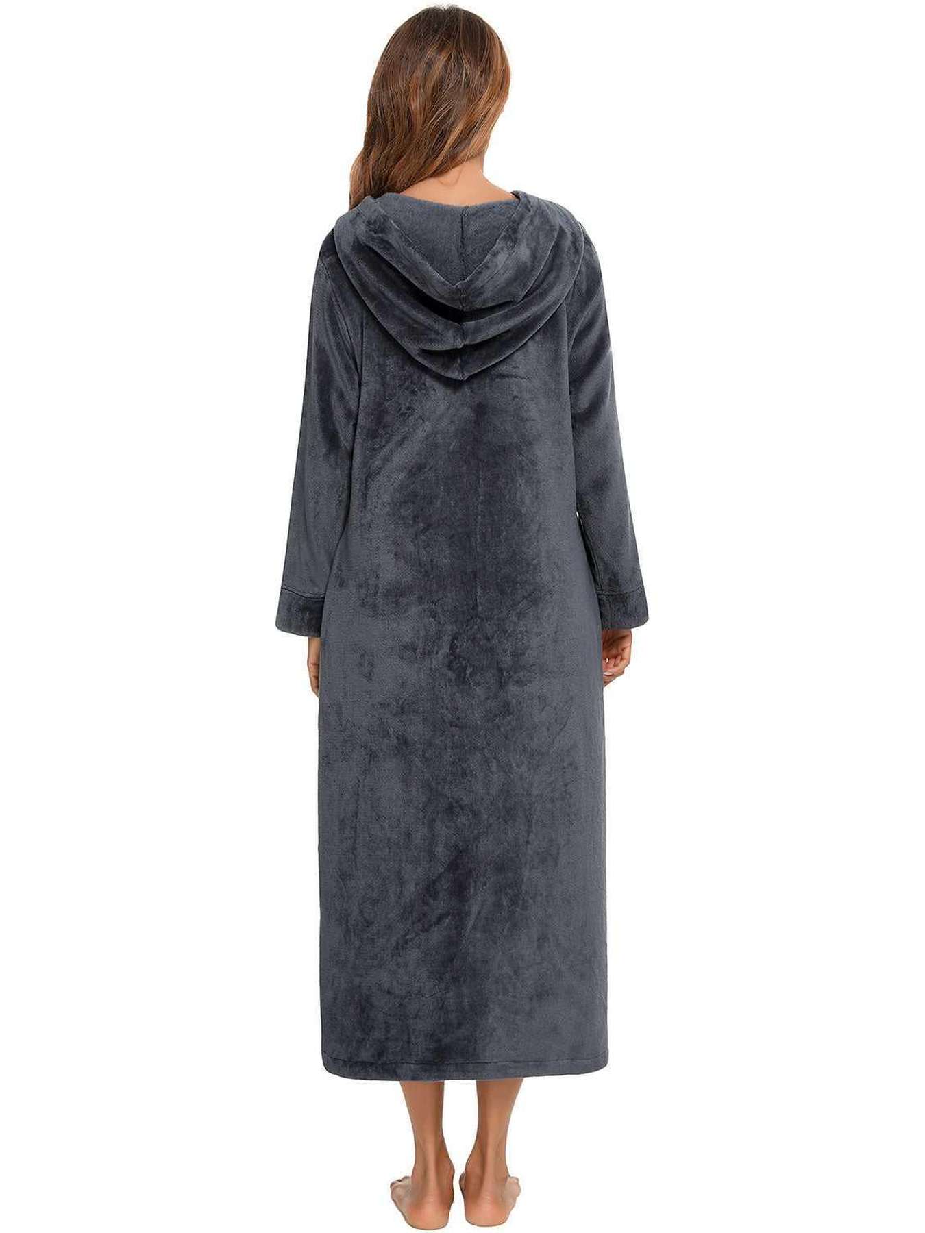 Zip Front Hooded Night Dress with Pockets -- 