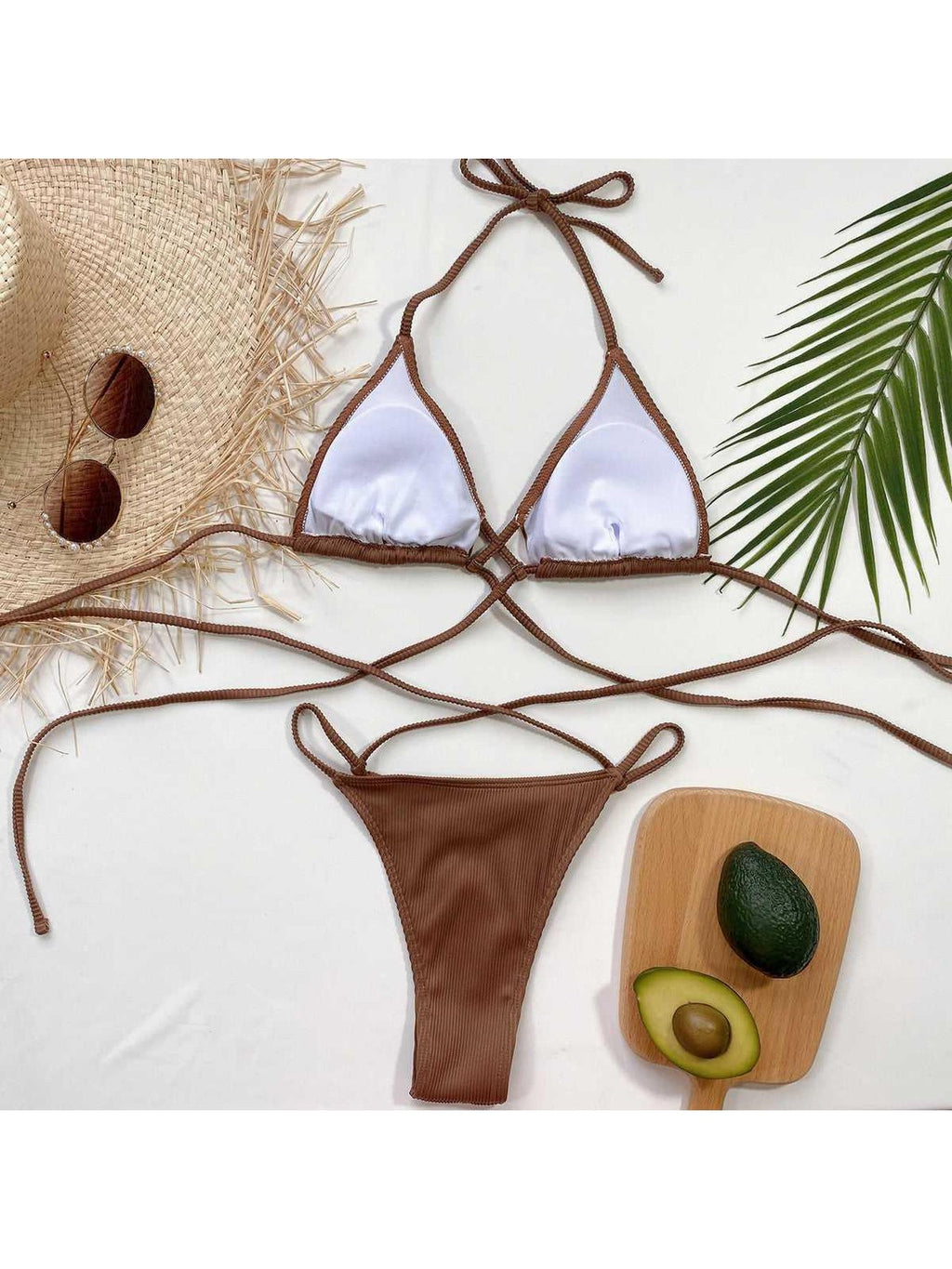 Halter Neck Crisscross Ribbed Bikini Set -- 