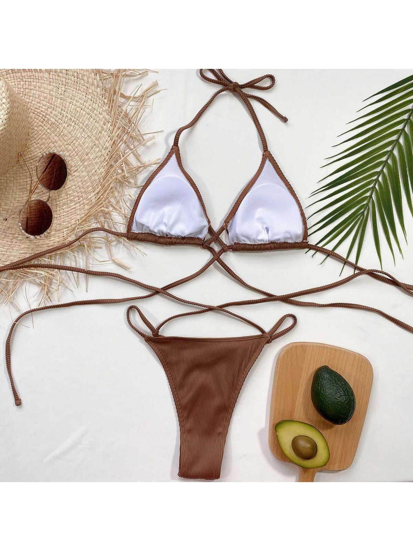 Halter Neck Crisscross Ribbed Bikini Set -- 